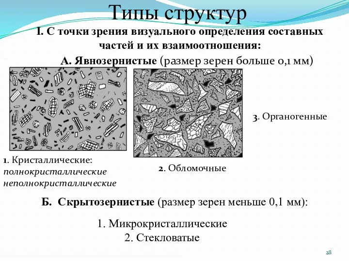 Типы структур 2. Обломочные I. С точки зрения визуального определения