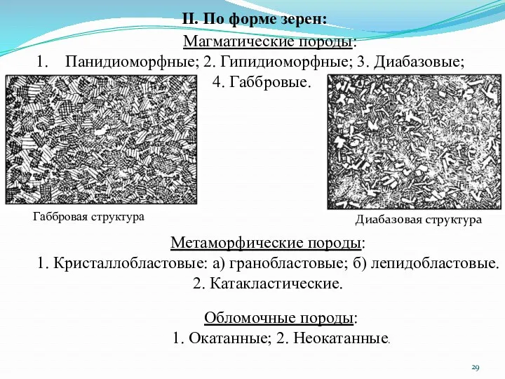 II. По форме зерен: Магматические породы: Панидиоморфные; 2. Гипидиоморфные; 3.