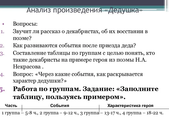 Анализ произведения «Дедушка» Вопросы: Звучит ли рассказ о декабристах, об