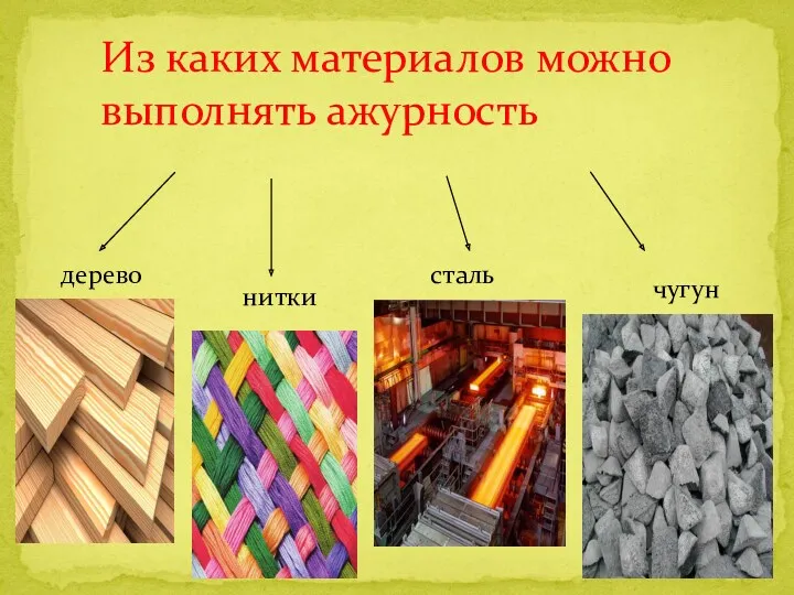 Из каких материалов можно выполнять ажурность дерево нитки сталь чугун