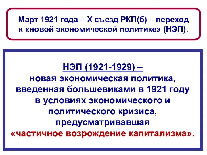 Март 1921 года – Х съезд РКП(б) – переход к