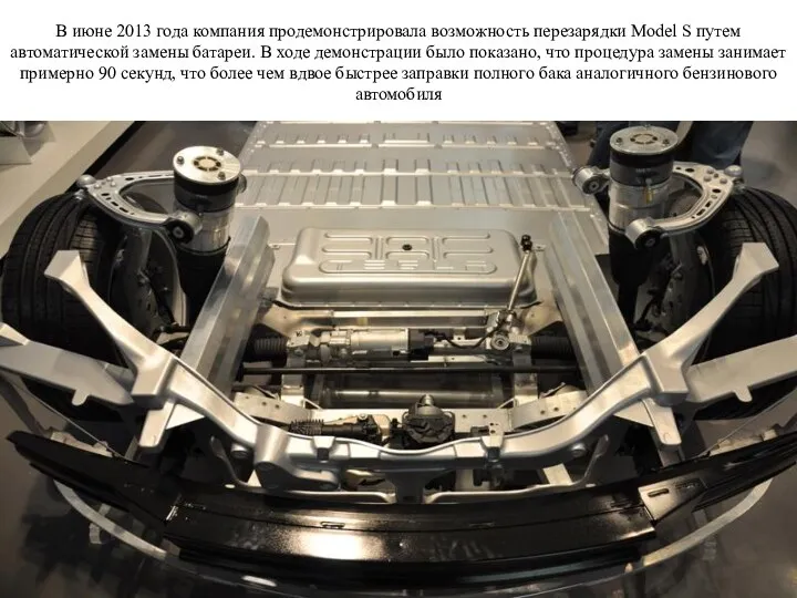 В июне 2013 года компания продемонстрировала возможность перезарядки Model S путем автоматической замены