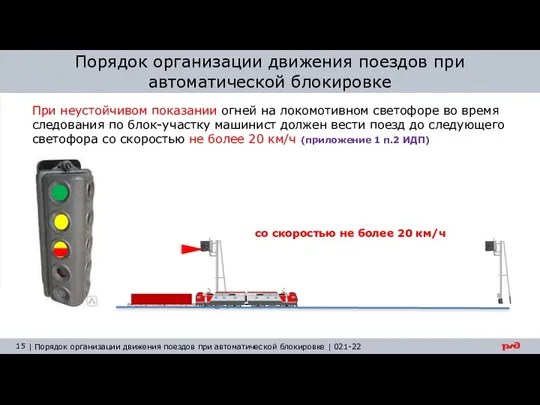 Порядок организации движения поездов при автоматической блокировке При неустойчивом показании огней на локомотивном