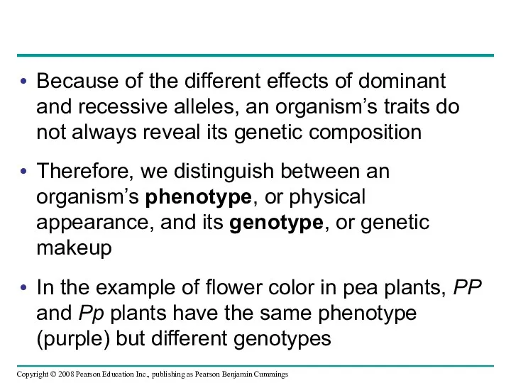 Because of the different effects of dominant and recessive alleles,