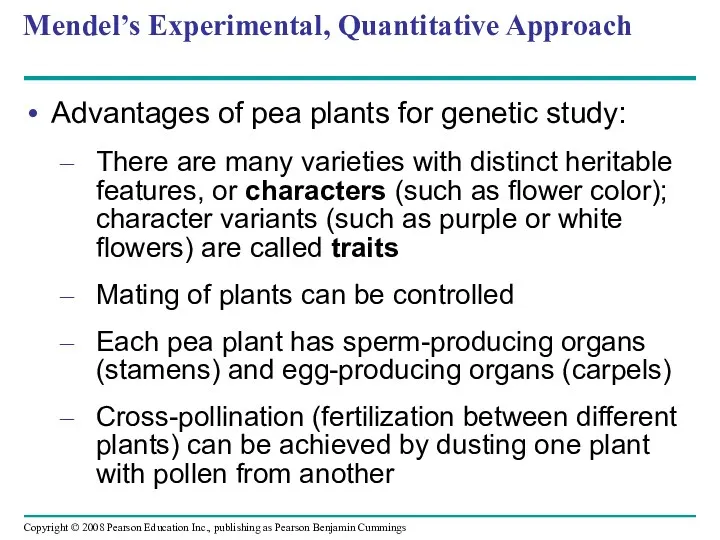 Mendel’s Experimental, Quantitative Approach Advantages of pea plants for genetic