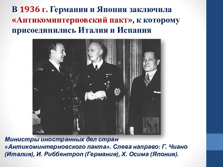 Министры иностранных дел стран «Антикоминтерновского пакта». Слева направо: Г. Чиано
