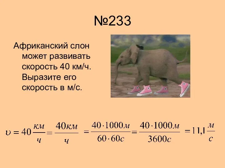 №233 Африканский слон может развивать скорость 40 км/ч. Выразите его скорость в м/с.