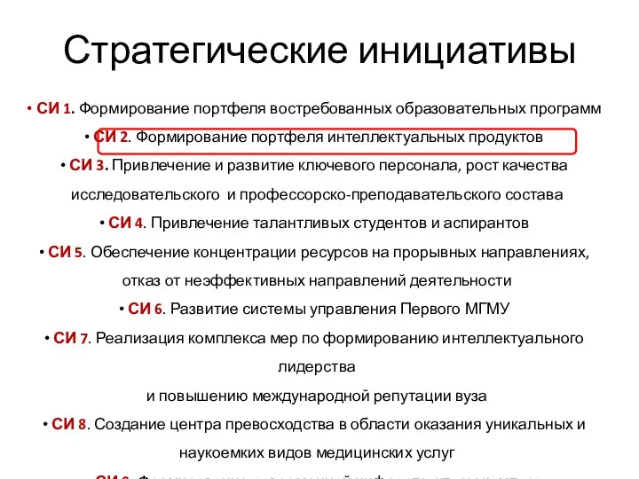 Стратегические инициативы СИ 1. Формирование портфеля востребованных образовательных программ СИ