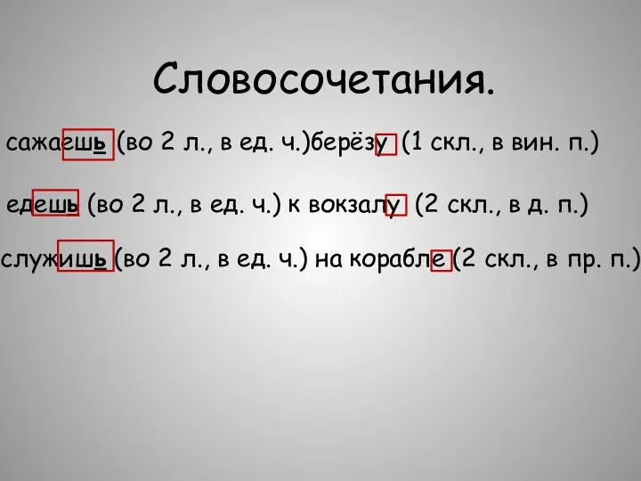 сажаешь (во 2 л., в ед. ч.)берёзу (1 скл., в