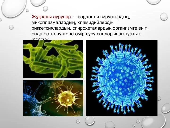 Жұқпалы аурулар — зардапты вирустардың, микоплазмалардың, хламидийлердің, риккетсиялардың, спирохеталардың организмге еніп, онда өсіп-өну