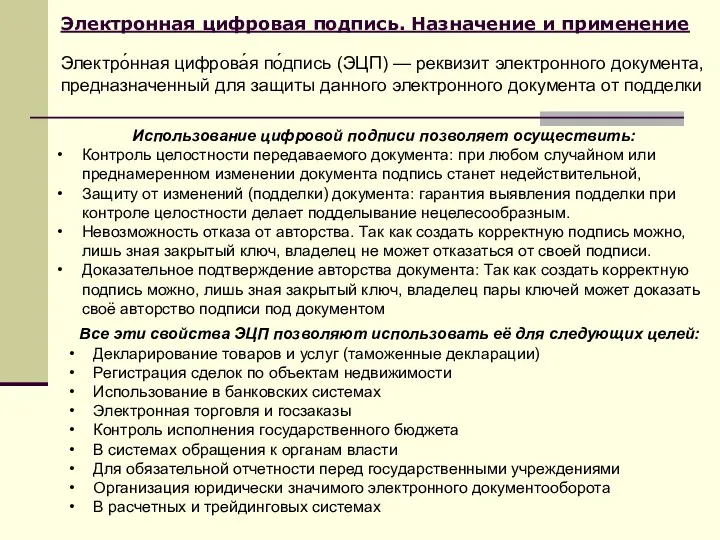 Электронная цифровая подпись. Назначение и применение Электро́нная цифрова́я по́дпись (ЭЦП)