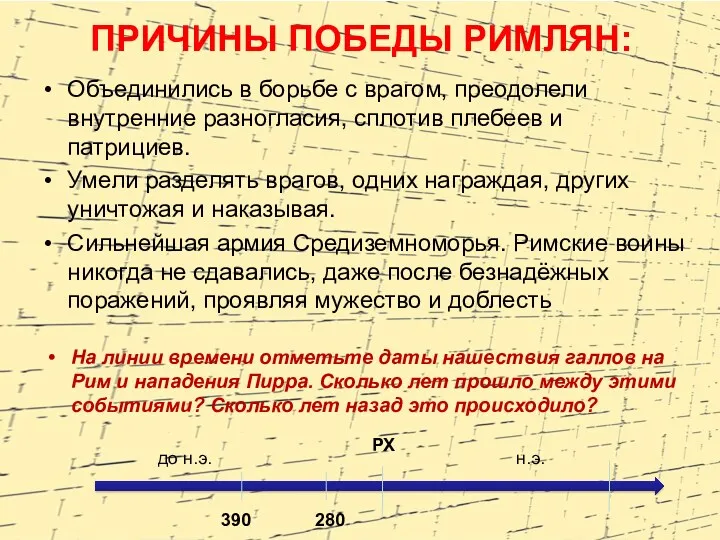 ПРИЧИНЫ ПОБЕДЫ РИМЛЯН: Объединились в борьбе с врагом, преодолели внутренние