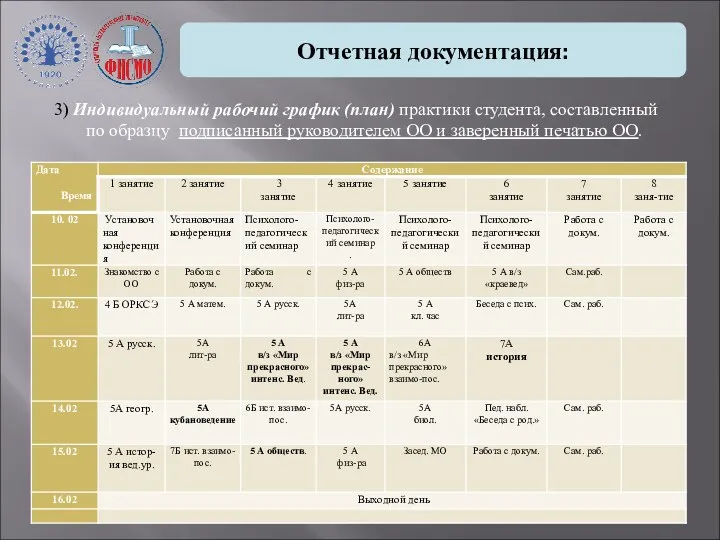 Отчетная документация: 3) Индивидуальный рабочий график (план) практики студента, составленный