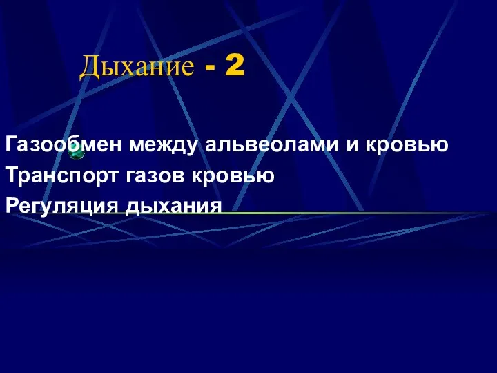 Дыхание - 2 Газообмен между альвеолами и кровью Транспорт газов кровью Регуляция дыхания