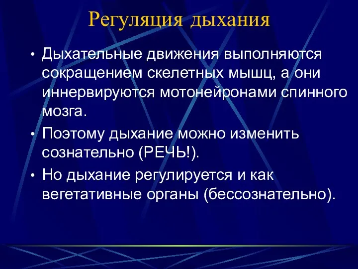 Регуляция дыхания Дыхательные движения выполняются сокращением скелетных мышц, а они