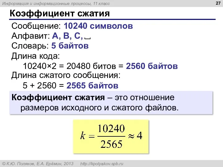 Коэффициент сжатия Сообщение: 10240 символов Словарь: 5 байтов Длина кода: