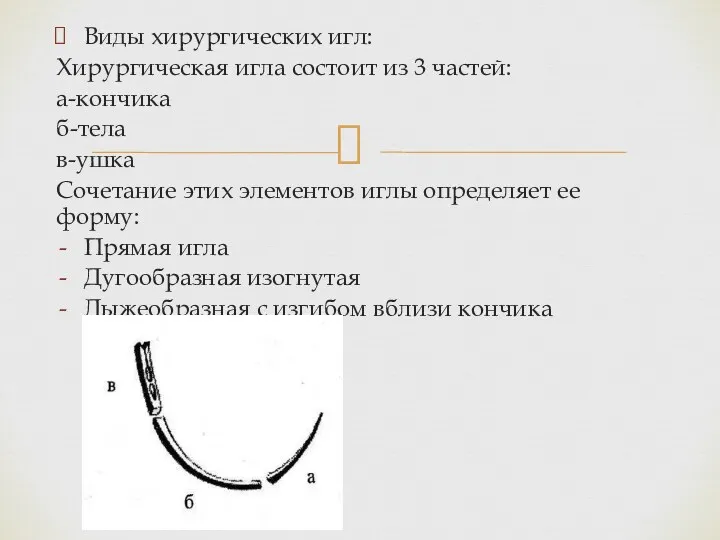 Виды хирургических игл: Хирургическая игла состоит из 3 частей: а-кончика