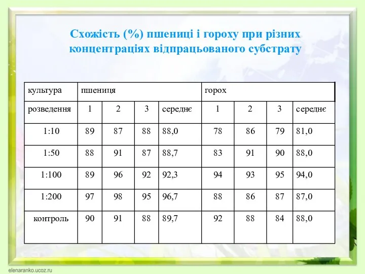 Схожість (%) пшениці і гороху при різних концентраціях відпрацьованого субстрату