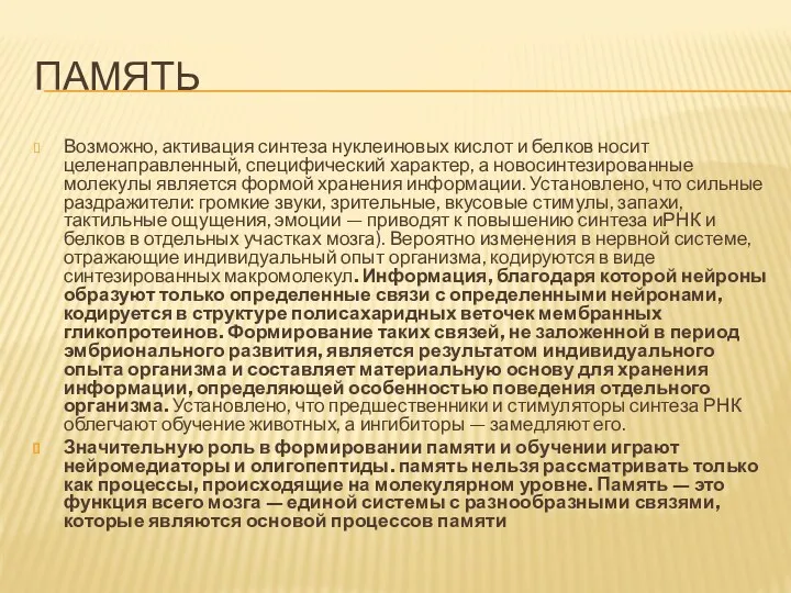 ПАМЯТЬ Возможно, активация синтеза нуклеиновых кислот и белков носит целенаправленный,