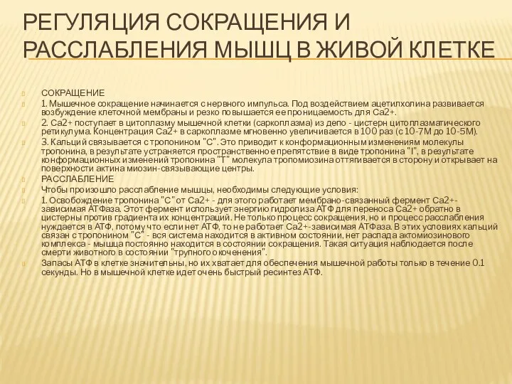 РЕГУЛЯЦИЯ СОКРАЩЕНИЯ И РАССЛАБЛЕНИЯ МЫШЦ В ЖИВОЙ КЛЕТКЕ СОКРАЩЕНИЕ 1.