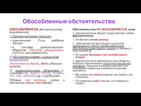 Обособленные обстоятельства ОБОСОБЛЯЮТСЯ обстоятельства, выраженные: 1) Деепричастиями (всегда!): одиночными: Поев,