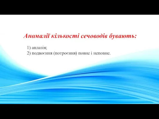 Аномалії кількості сечоводів бувають: 1) аплазія; 2) подвоєння (потроєння) повне і неповне.