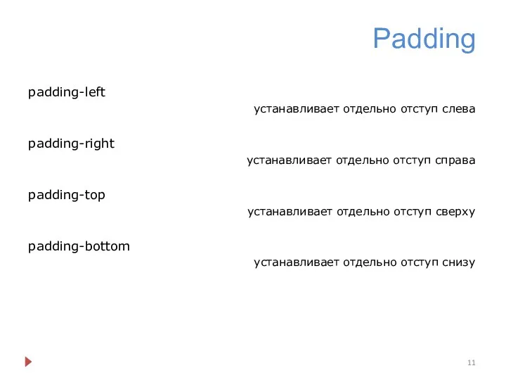 Padding padding-left устанавливает отдельно отступ слева padding-right устанавливает отдельно отступ справа padding-top устанавливает