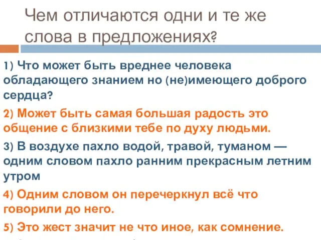 Чем отличаются одни и те же слова в предложениях? 1)