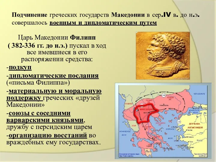 Подчинение греческих государств Македонии в сер.IV в. до н.э. совершалось военным и дипломатическим
