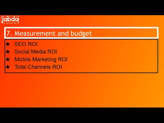 7. Measurement and budget SEO ROI Social Media ROI Mobile Marketing ROI Total Channels ROI