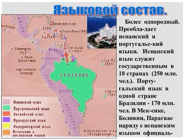 Языковой состав. Более однородный. Преобла-дает испанский и португальс-кий языки. Испанский