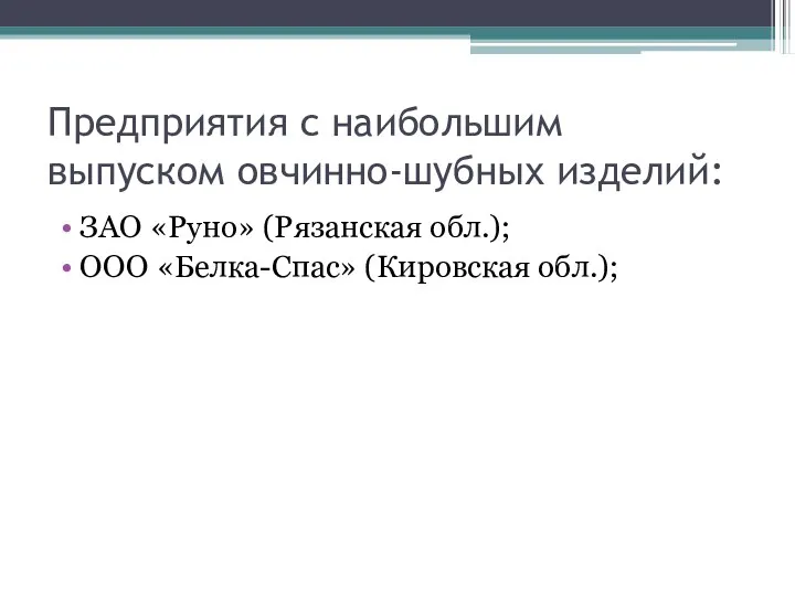 Предприятия с наибольшим выпуском овчинно-шубных изделий: ЗАО «Руно» (Рязанская обл.); ООО «Белка-Спас» (Кировская обл.);