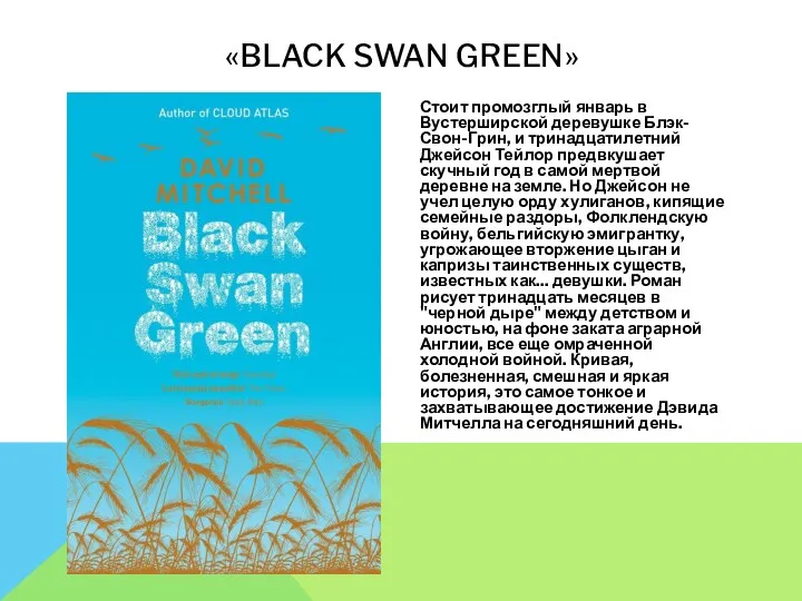 «BLACK SWAN GREEN» Стоит промозглый январь в Вустерширской деревушке Блэк-Свон-Грин, и тринадцатилетний Джейсон