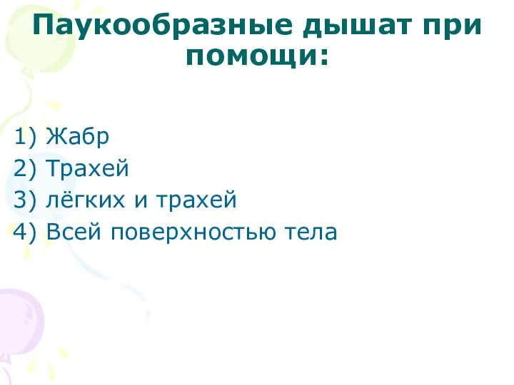 Паукообразные дышат при помощи: Жабр Трахей лёгких и трахей Всей поверхностью тела