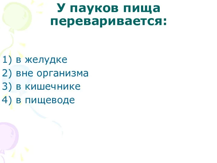 У пауков пища переваривается: в желудке вне организма в кишечнике в пищеводе