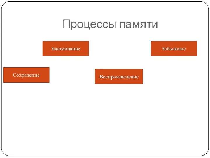 Процессы памяти Запоминание Сохранение Воспроизведение Забывание