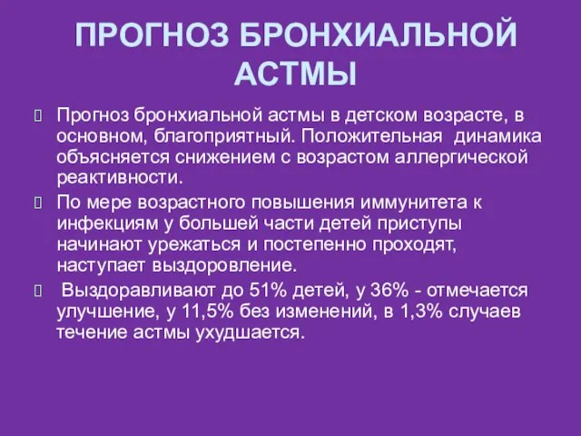 ПРОГНОЗ БРОНХИАЛЬНОЙ АСТМЫ Прогноз бронхиальной астмы в детском возрасте, в