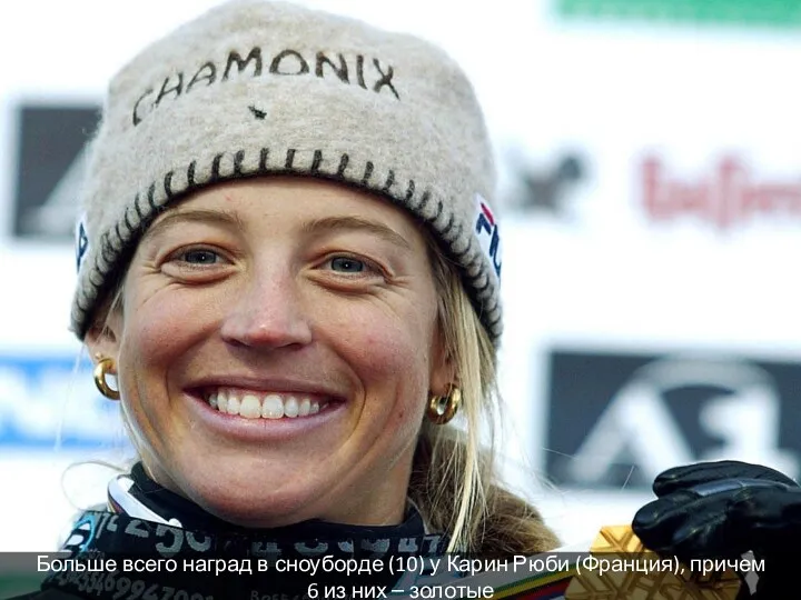Больше всего наград в сноуборде (10) у Карин Рюби (Франция), причем 6 из них – золотые