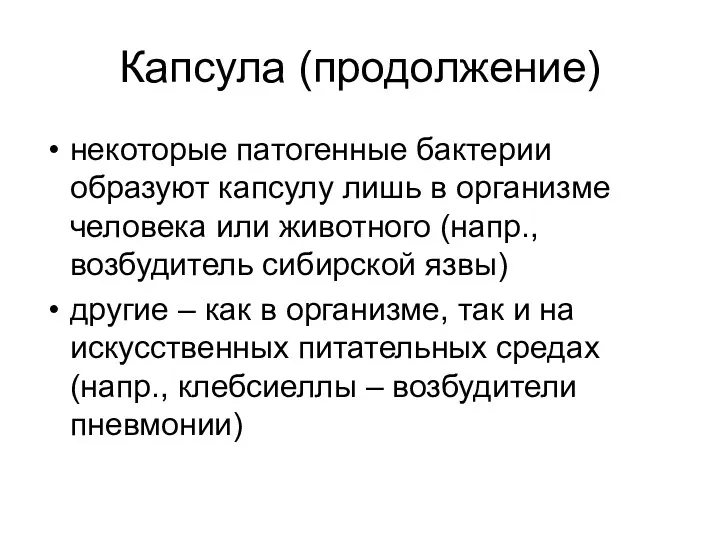 Капсула (продолжение) некоторые патогенные бактерии образуют капсулу лишь в организме