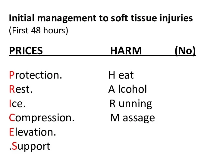 Initial management to soft tissue injuries (First 48 hours) PRICES