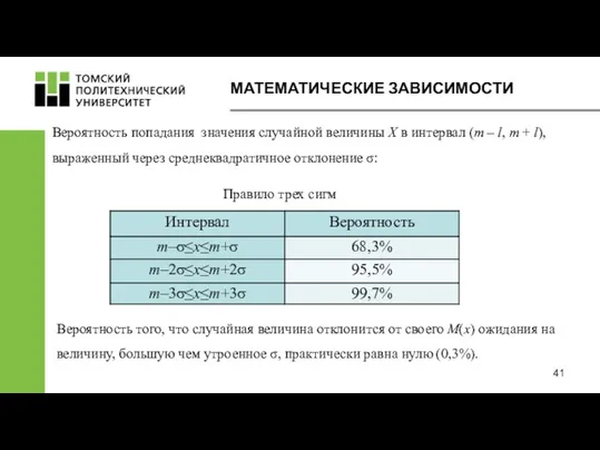 МАТЕМАТИЧЕСКИЕ ЗАВИСИМОСТИ Вероятность попадания значения случайной величины Х в интервал