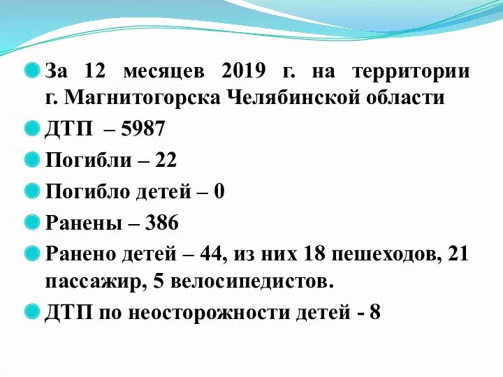 За 12 месяцев 2019 г. на территории г. Магнитогорска Челябинской