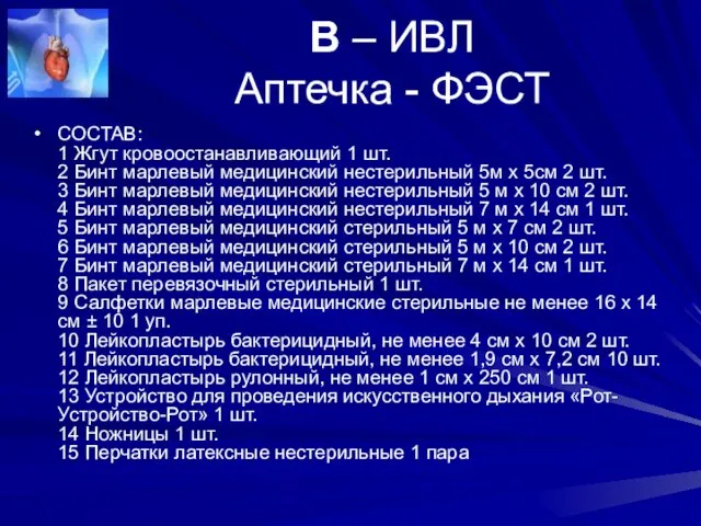 В – ИВЛ Аптечка - ФЭСТ СОСТАВ: 1 Жгут кровоостанавливающий