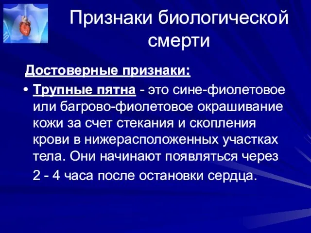 Признаки биологической смерти Достоверные признаки: Трупные пятна - это сине-фиолетовое