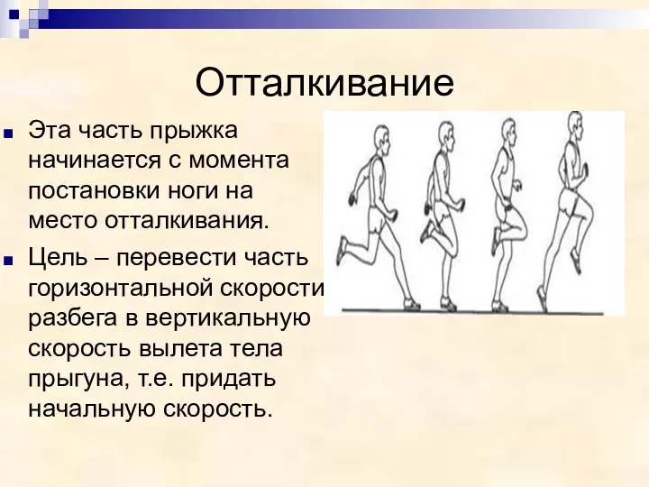 Отталкивание Эта часть прыжка начинается с момента постановки ноги на