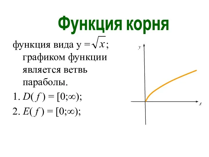 функция вида y = ; графиком функции является ветвь параболы.