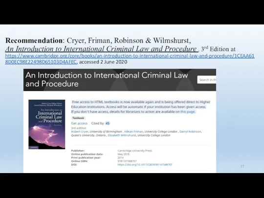 Recommendation: Cryer, Friman, Robinson & Wilmshurst, An Introduction to International