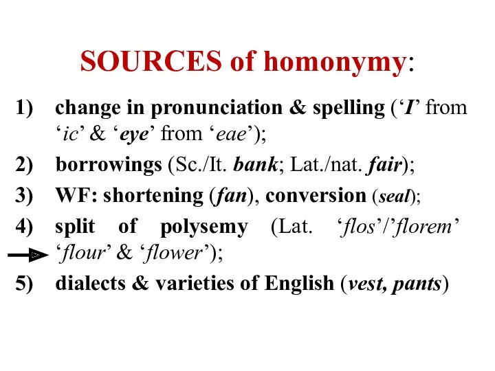 SOURCES of homonymy: change in pronunciation & spelling (‘I’ from