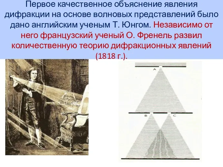 Первое качественное объяснение явления дифракции на основе волновых представлений было