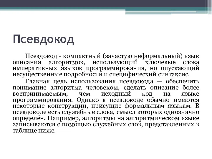 Псевдокод Псевдокод - компактный (зачастую неформальный) язык описания алгоритмов, использующий